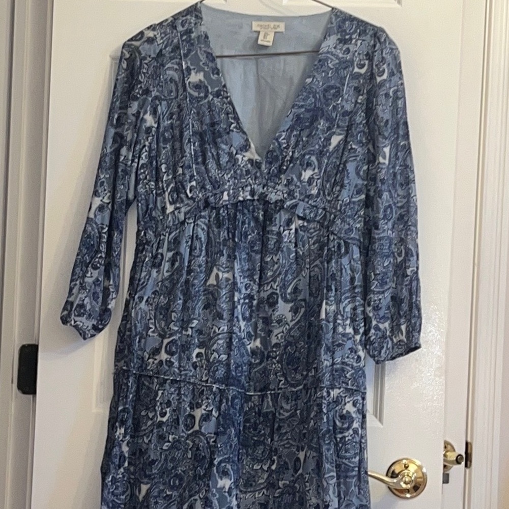 Rachel Zoe Paisley Print Blue Long Sleeve v-neck Maxi Tiered Babydoll Dress - Picture 8 of 8